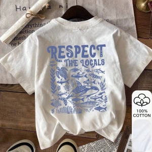 Yazlık Kadın Bol Tişört, RESPECT & Ocean Baskılı, %100 Pamuklu Beyaz Kısa Kollu Grafik Tişört