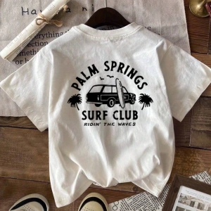 Yazlık Kadın Bol Tişört, SURF CLUB ve Araba Baskılı, %100 Pamuk, Beyaz Kısa Kollu Grafik Tişö