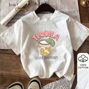 Yazlık Kadın Bol Tişört, TEQUILA ve Limon Çayı Baskılı, %100 Pamuklu Beyaz Kısa Kollu, Grafik