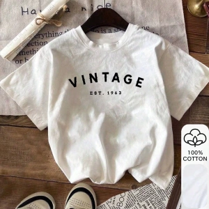 Yazlık Kadın Bol Tişört, VINTAGE Yazılı Baskı, %100 Pamuklu Desenli Beyaz Kısa Kollu