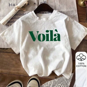 Yazlık Kadın Bol Tişört, VOILA Yazılı Baskı, %100 Pamuk, Desenli Beyaz Kısa Kollu