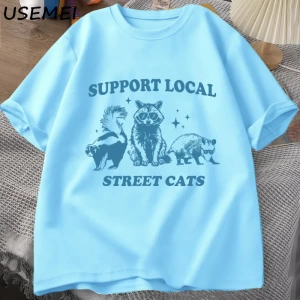 Yerel Sokak Kedilerinizi Destekleyin Retro T Shirt Komik Rakun T-Shirt Streetweet Hayvan Kedi 2952