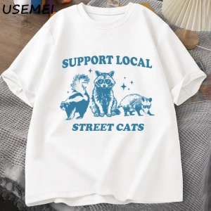 Yerel Sokak Kedilerinizi Destekleyin Retro T Shirt Komik Rakun T-Shirt Streetweet Hayvan Kedi 2952