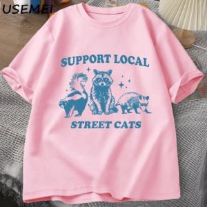 Yerel Sokak Kedilerinizi Destekleyin Retro T Shirt Komik Rakun T-Shirt Streetweet Hayvan Kedi 2952