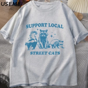 Yerel Sokak Kedilerinizi Destekleyin Retro T Shirt Komik Rakun T-Shirt Streetweet Hayvan Kedi 2952