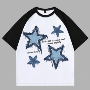 YILDIZ DESENLİ BASKILI ÇİFT RENK T SHIRT