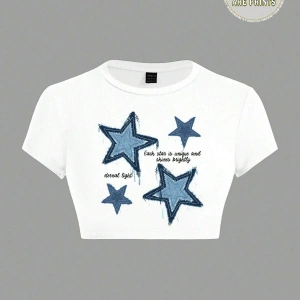 Yıldız Grafikli Yuvarlak Yaka Kısa Kollu Crop