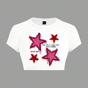 Yıldız Grafikli Yuvarlak Yaka Kısa Kollu Crop