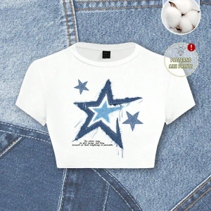 Yıldız Grafikli Yuvarlak Yaka Kısa Kollu Crop