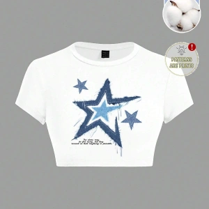 Yıldız Grafikli Yuvarlak Yaka Kısa Kollu Crop