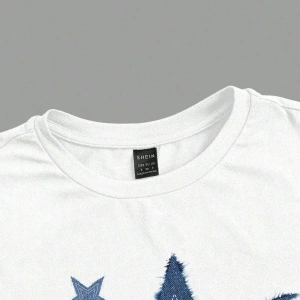 Yıldız Grafikli Yuvarlak Yaka Kısa Kollu Crop