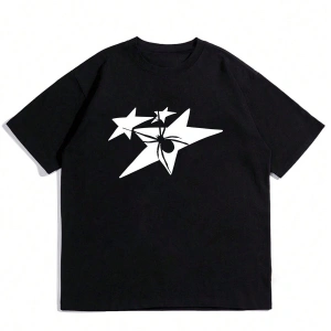 Yıldız Grafikli Yuvarlak Yaka Kısa Kollu Tişört