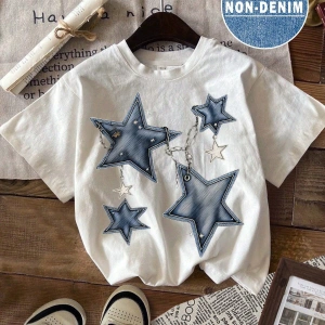 Yıldız Grafikli Yuvarlak Yaka Kısa Kollu Tişört