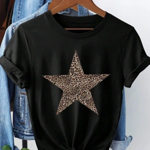 Yıldız Grafikli Yuvarlak Yaka Kısa Kollu Tişört