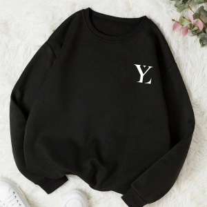 YL Özel Baskılı Renkli Oversize Bisiklet Yaka Pamuklu Sweatshirt Siyah