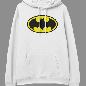 YQYQ----Oversize Batman Tasarım Baskılı Kapüşonlu Sweatshirt Hoodie Beyaz