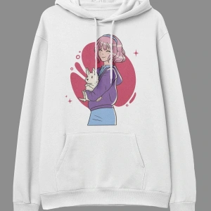 YQYQ----Oversize Pembe Saçlı Kız Ve Tavşan Tasarım Baskılı Unisex Kapüşonlu Sweatshirt Hoodie Beyaz