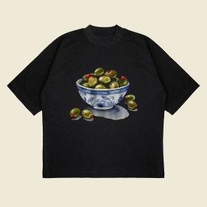 Zeytin Vintage Baskılı Oversize Unisex Pamuklu Nefes Alan Kalın Kumaşlı