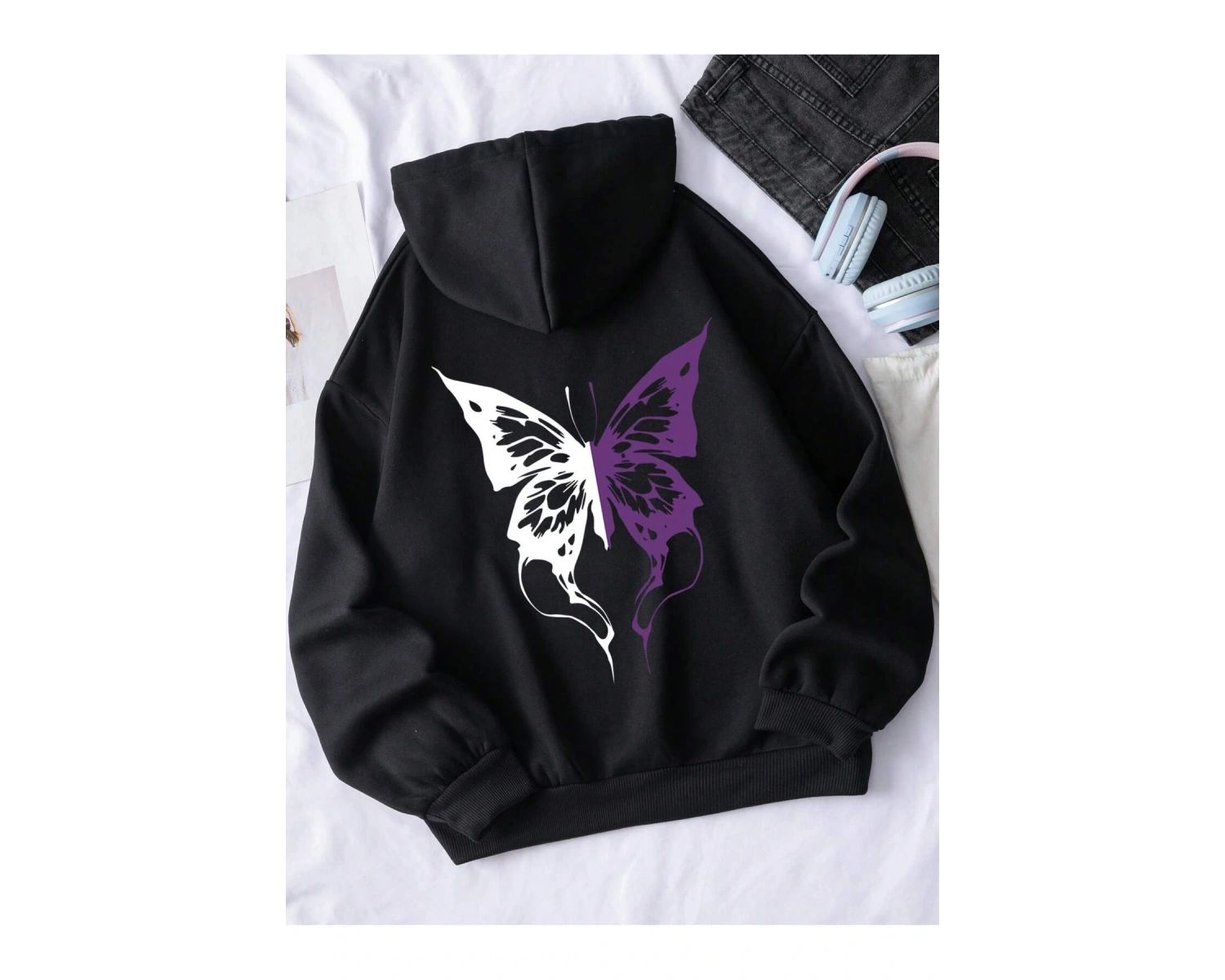 . Essnce Butterfly Print Kangaroo Pocket Drawstring Lined Hoodie Siyah