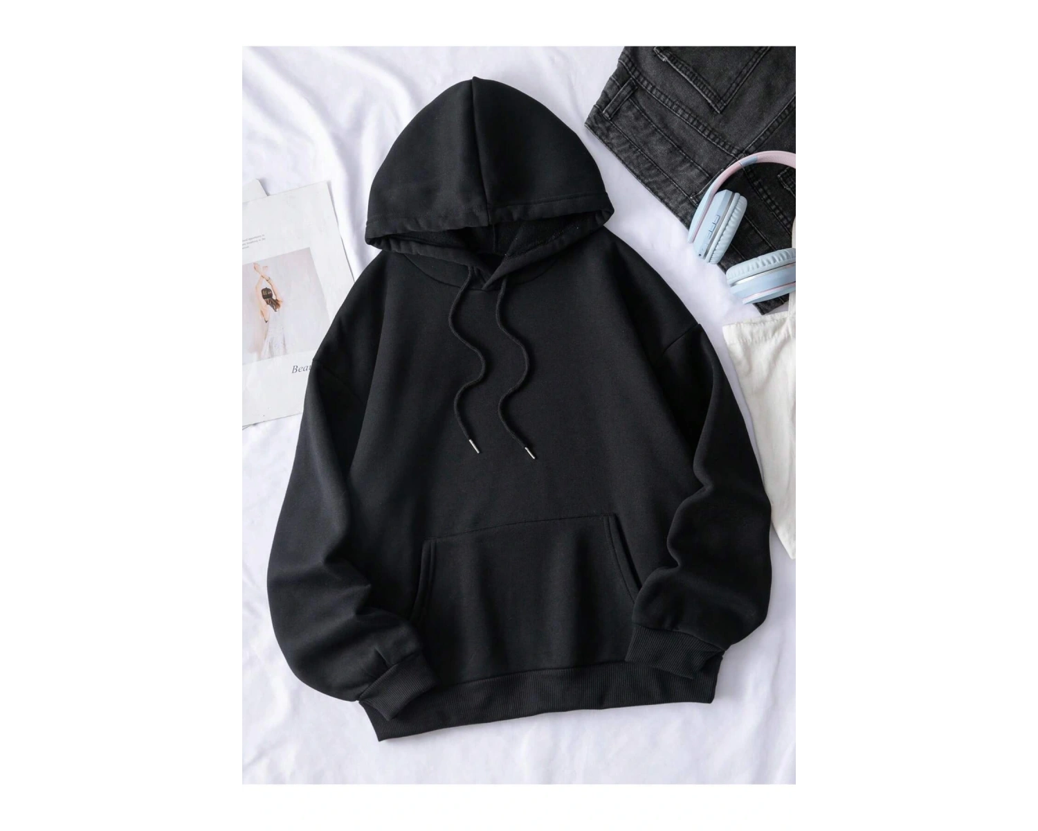 . Essnce Butterfly Print Kangaroo Pocket Drawstring Lined Hoodie Siyah
