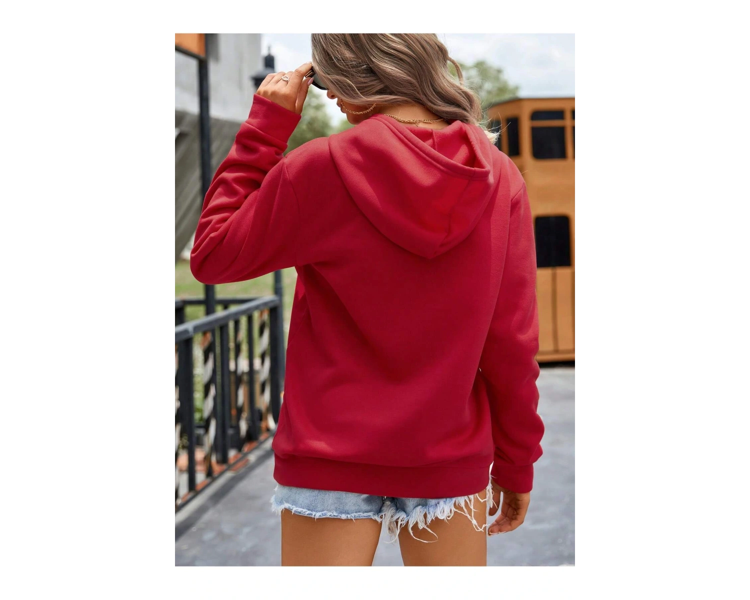 . Essnce Heart Print Kangaroo Pocket Drawstring Lined Hoodie Kırmızı