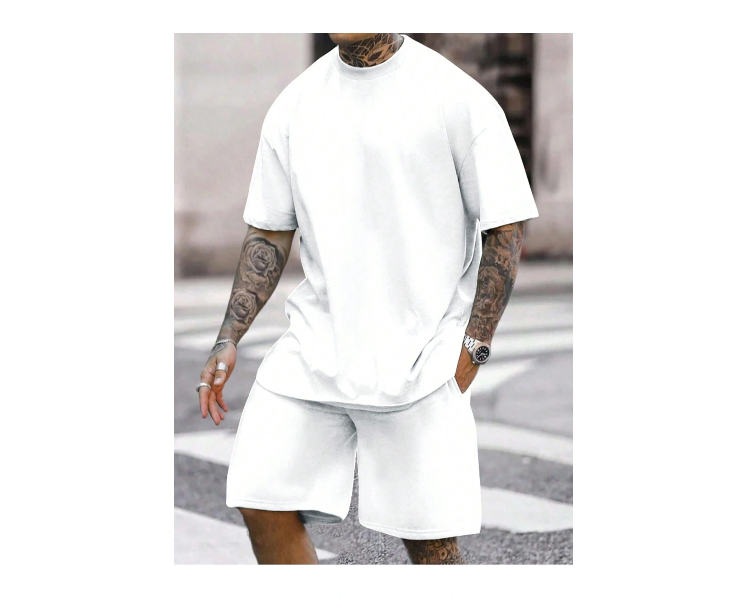 2 adet/takım Erkek Yaz Rahat Spor Düz Renk Mürettebat Tişört ve Şort Takımı