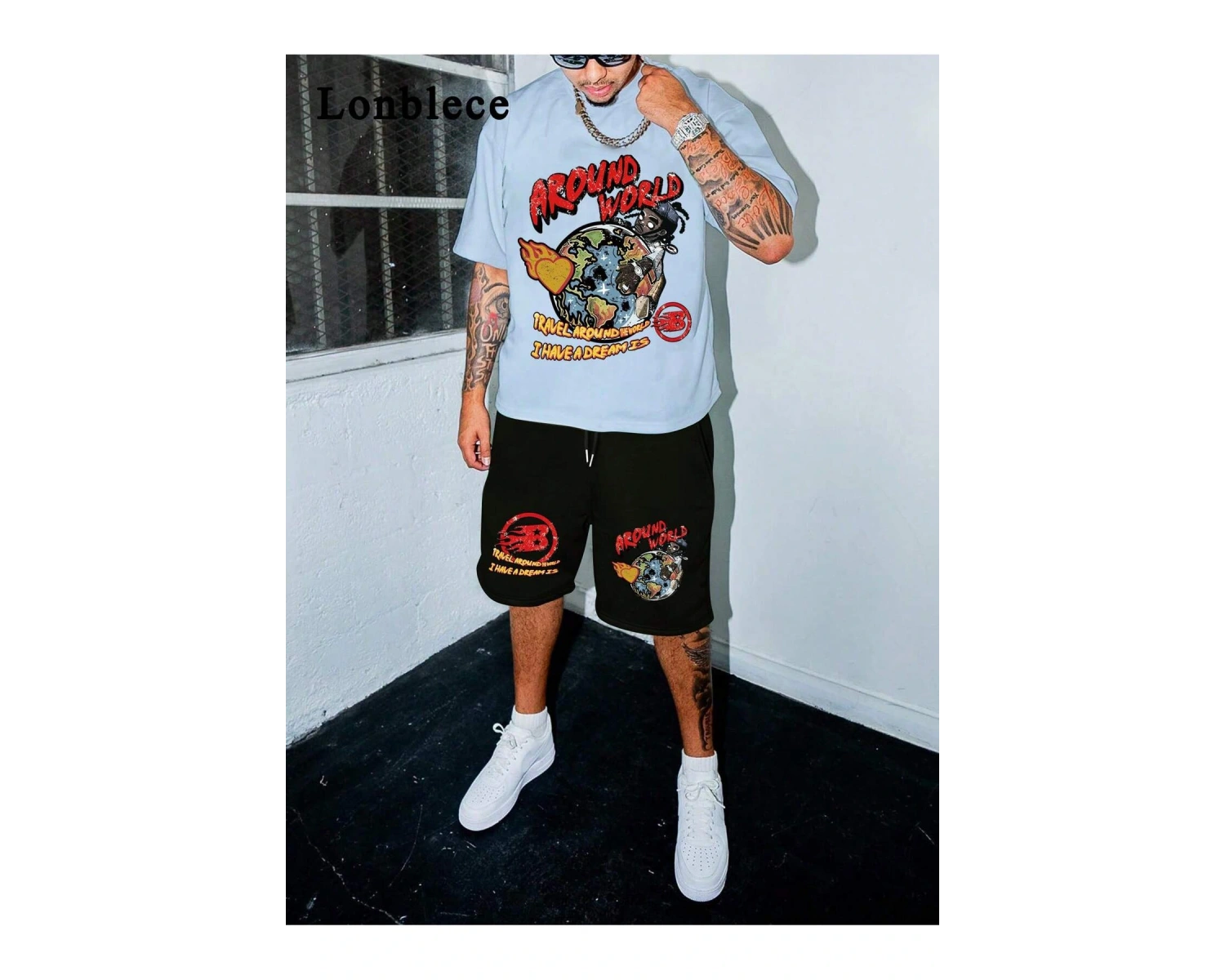 2 adet/takım Erkek Yaz Rahat Spor Düz Renk Mürettebat Tişört ve Şort Takımı