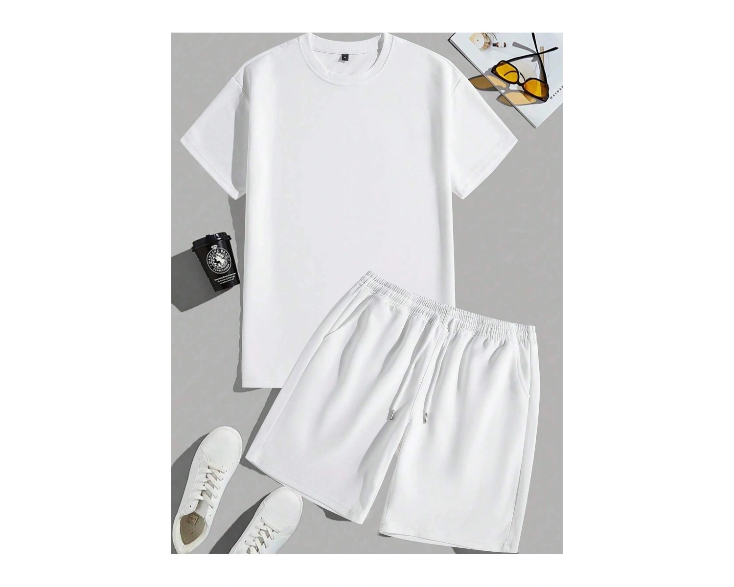 2 adet/takım Erkek Yaz Rahat Spor Düz Renk Mürettebat Tişört ve Şort Takımı