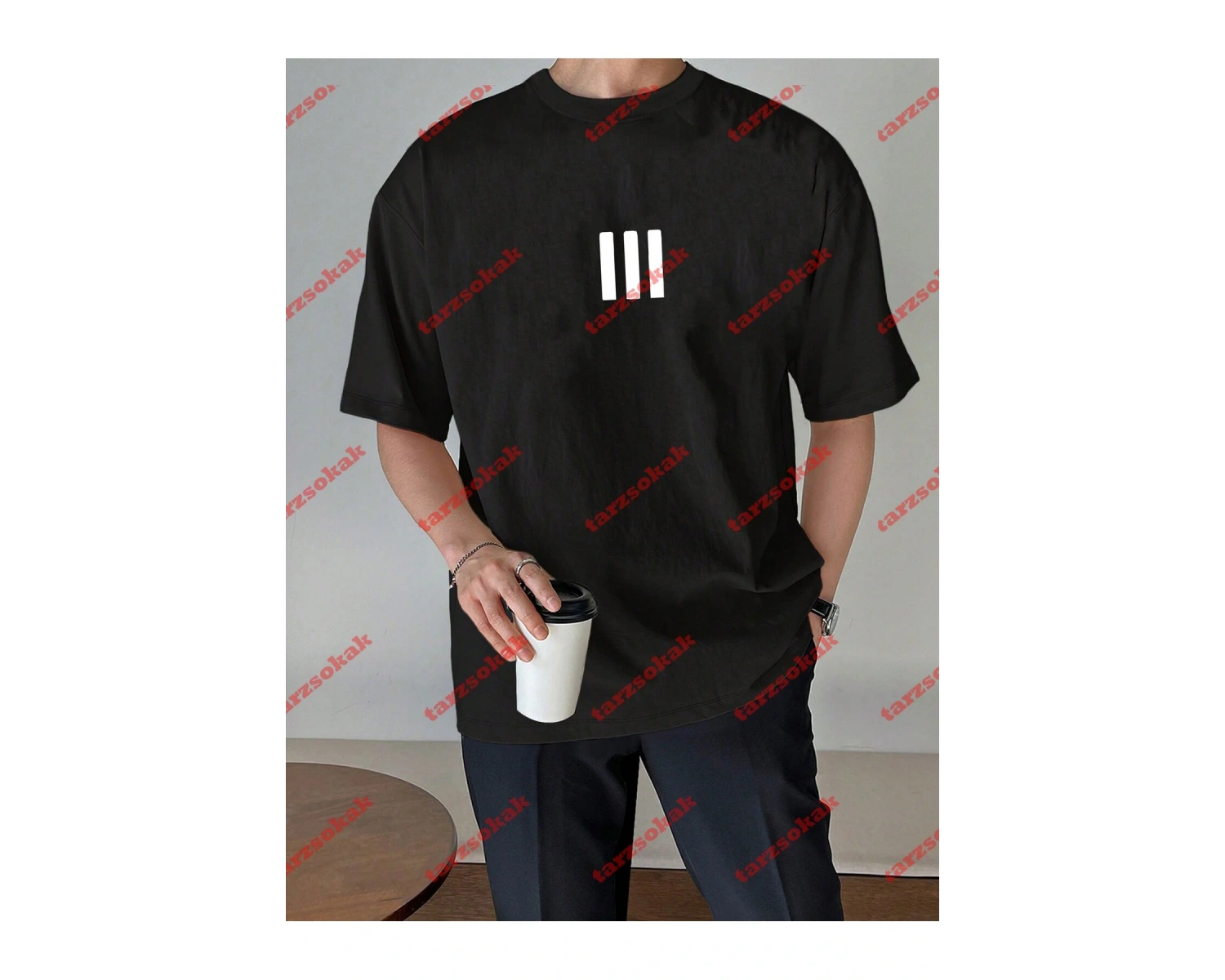 3 Çizgi Baskılı Beyaz Erkek Tshirt Beyaz