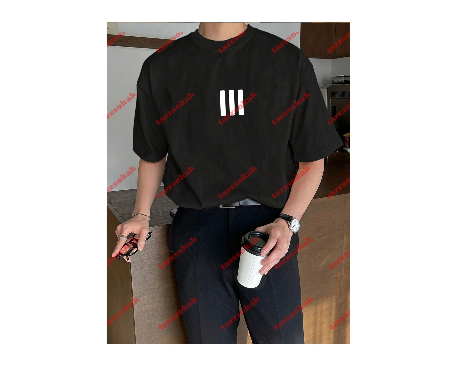 3 Çizgi Baskılı Beyaz Erkek Tshirt Beyaz