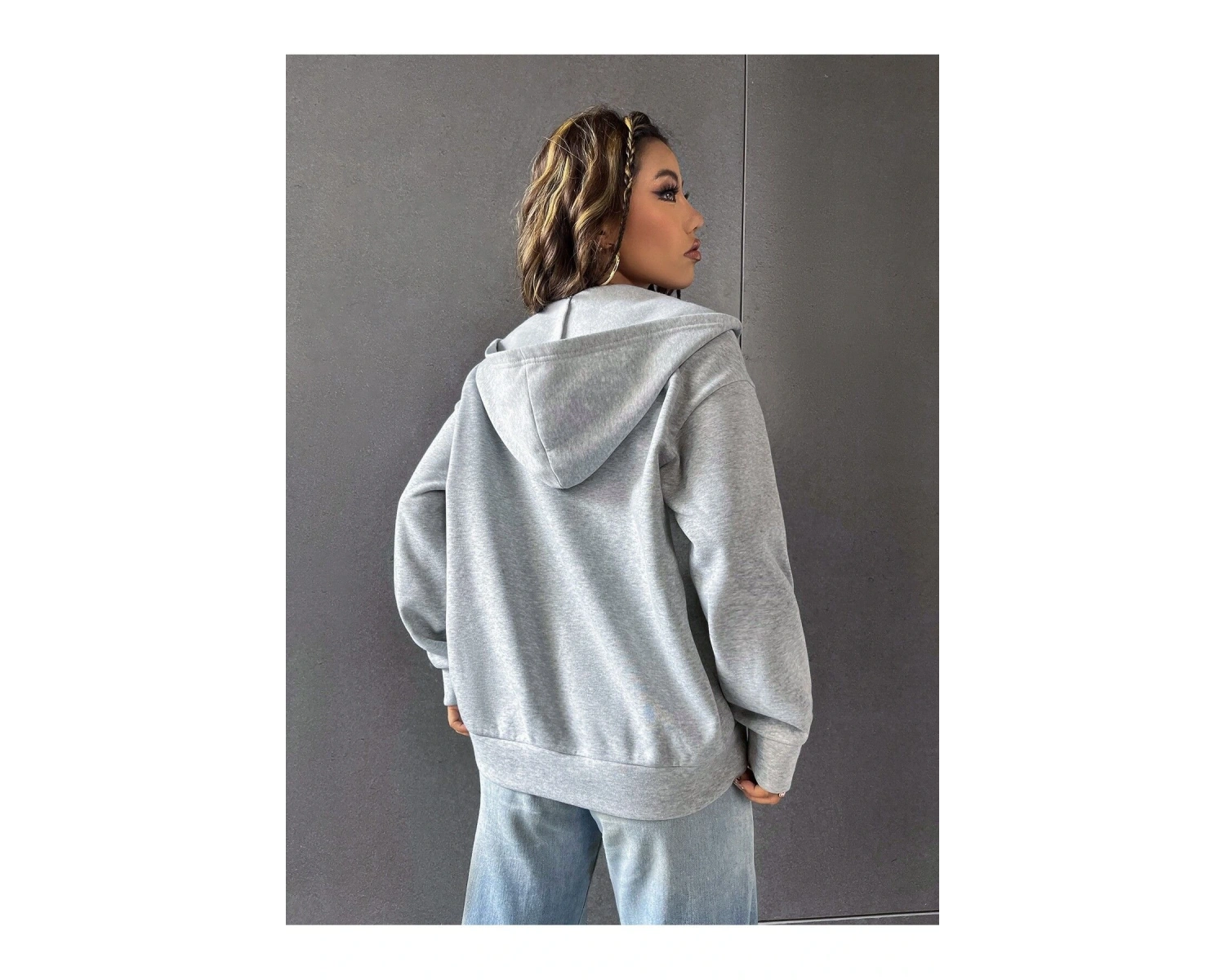 3 Iplik Şardonlu Fermuarlı Kapüşonlu Sweatshirt Gri 3 Lü Kombin