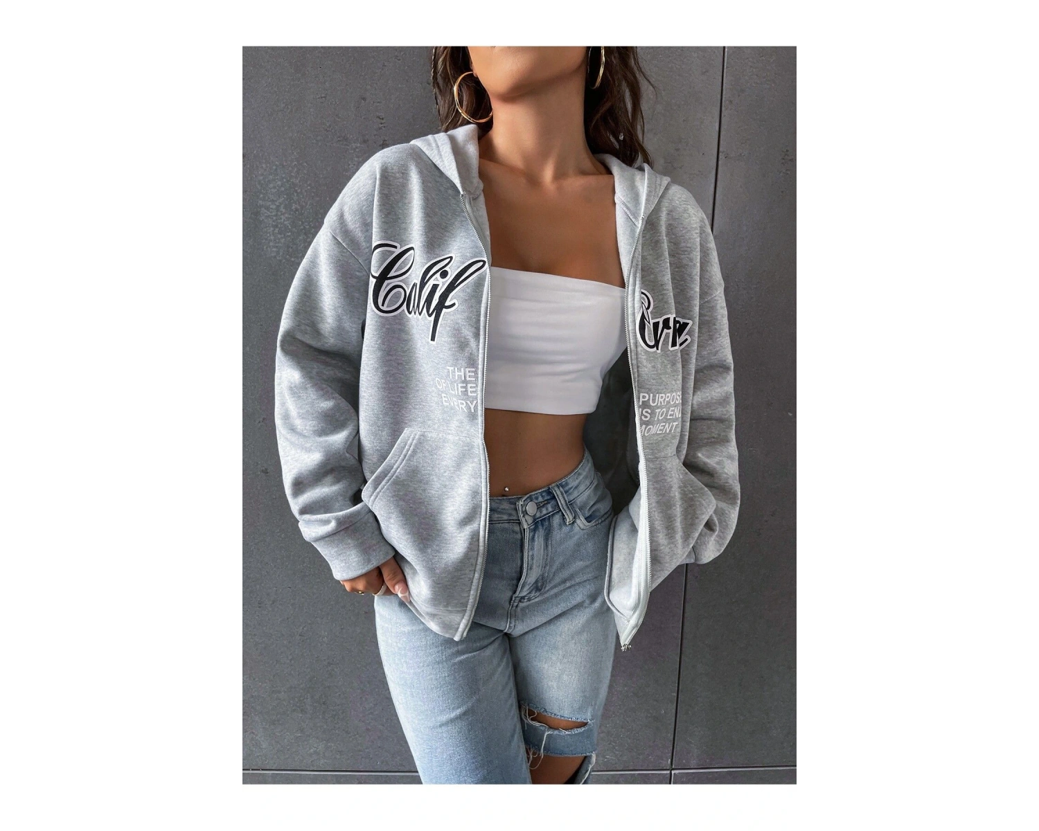 3 Iplik Şardonlu Fermuarlı Kapüşonlu Sweatshirt Gri 3 Lü Kombin