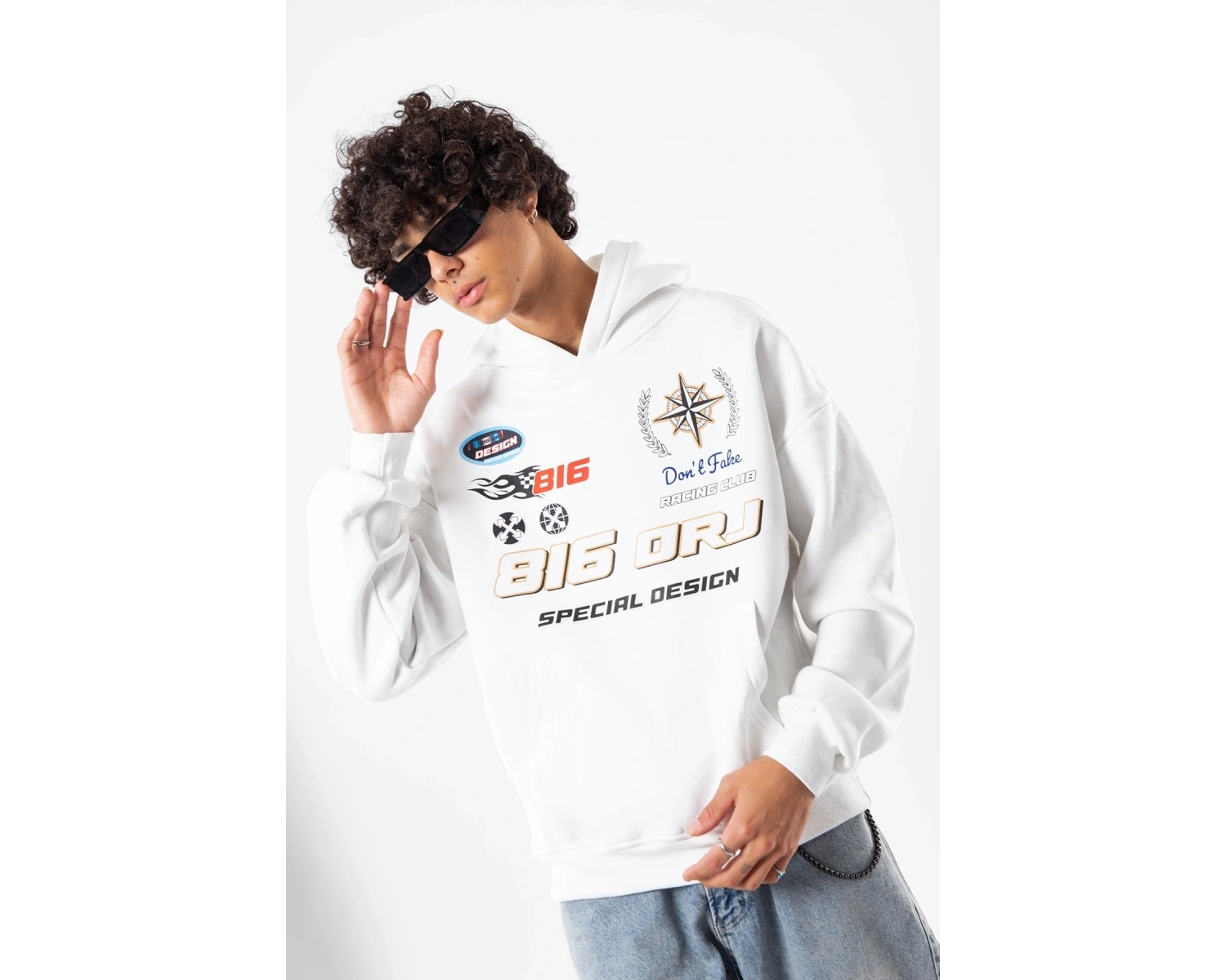 816 Racing Baskılı Oversize Unisex Beyaz