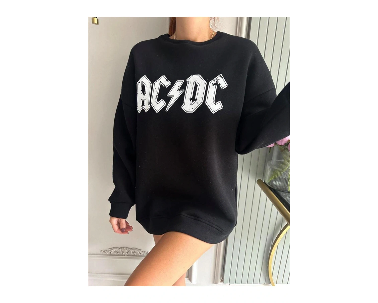 ACDC Renkli Oversize Bisiklet Yaka Pamuklu Sweatshirt Siyah