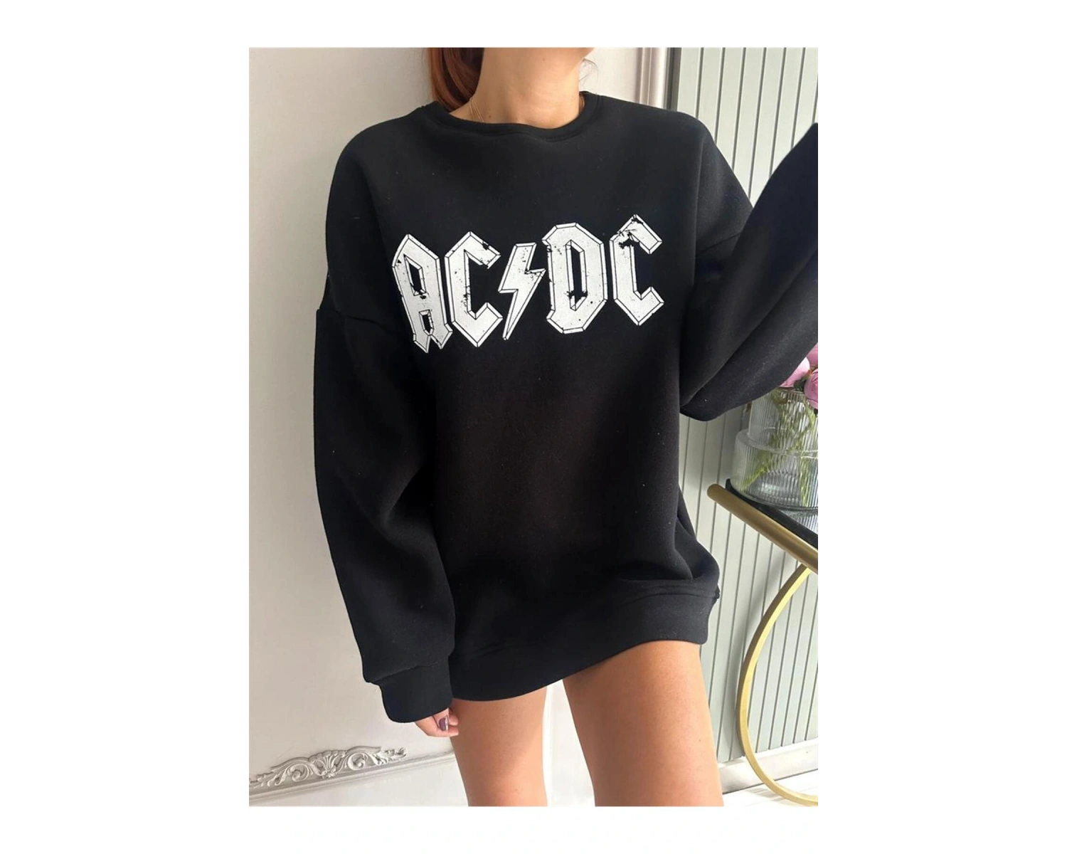 ACDC Renkli Oversize Bisiklet Yaka Pamuklu Sweatshirt Siyah