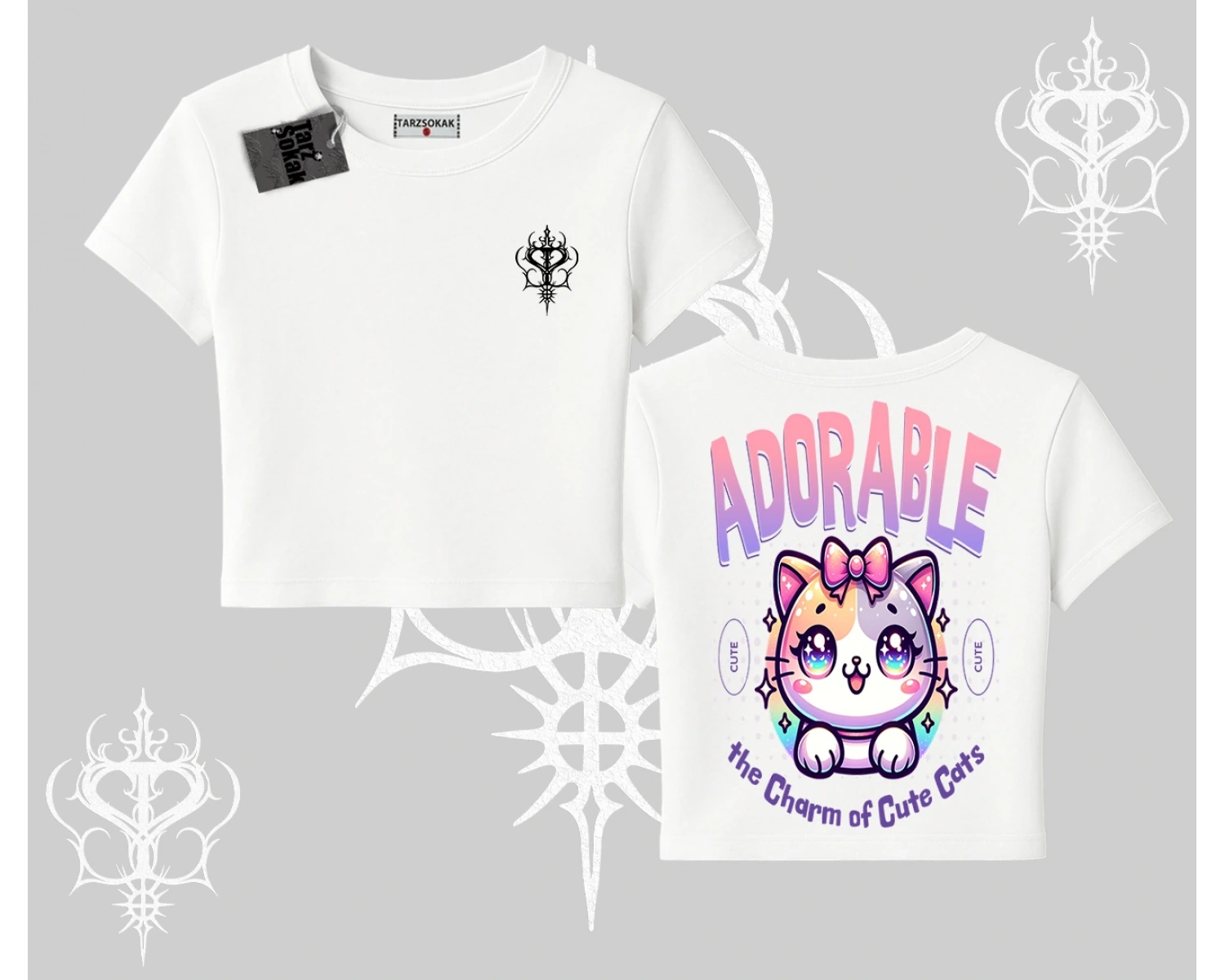 Adorable Kawaii Kedi Arka Baskılı Babby Tee Tshirt