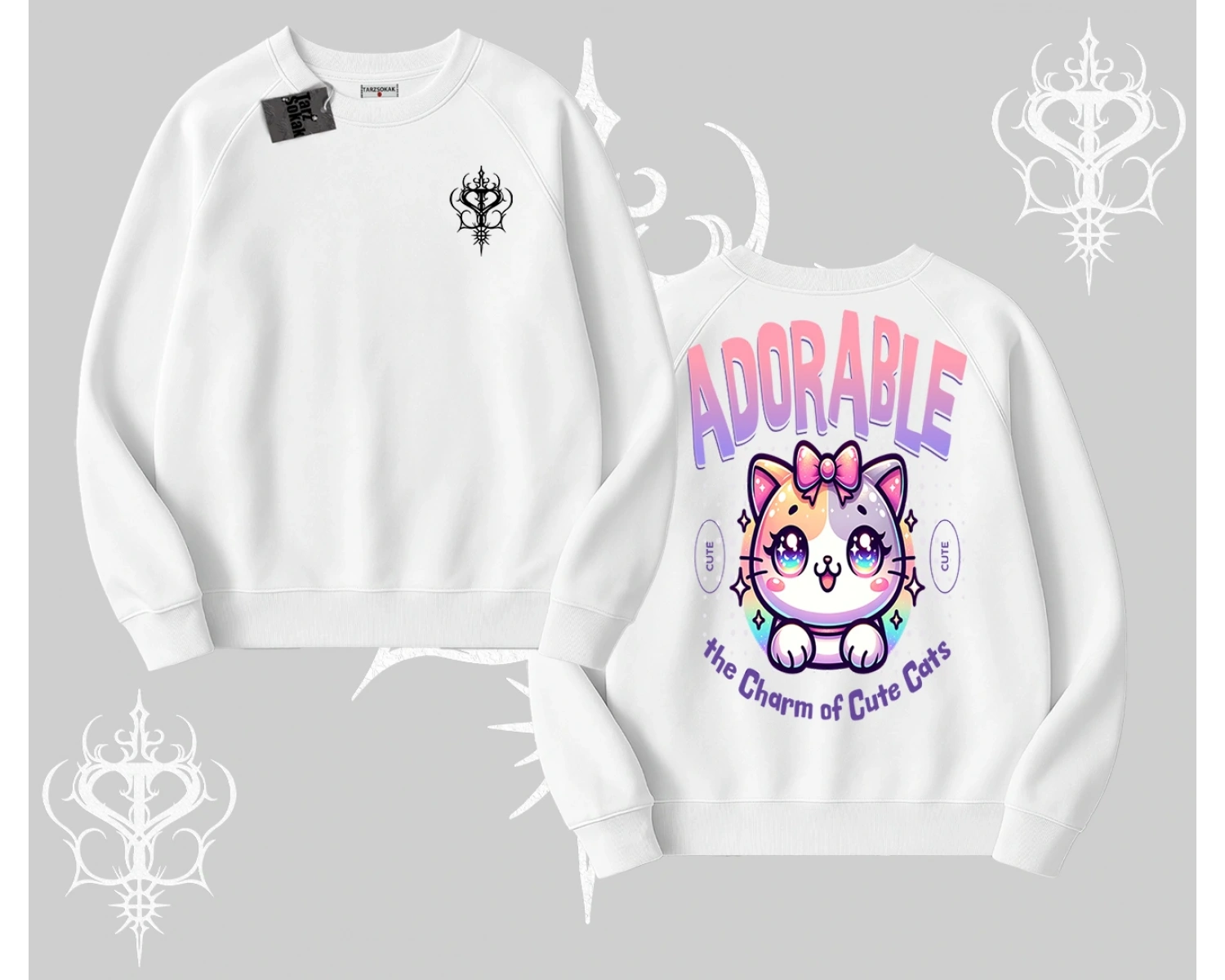 Adorable Kawaii Kedi Arka Baskılı Biskilet Sweatshirt