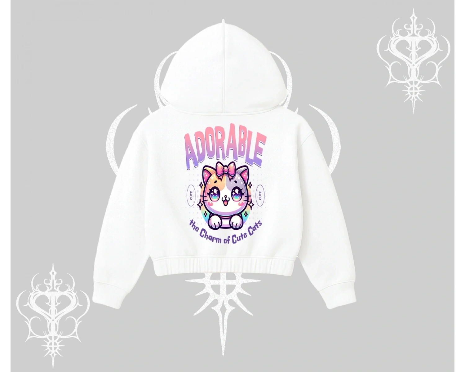 Adorable Kawaii Kedi Arka Baskılı Kapşonlu Crop Sweatshirt