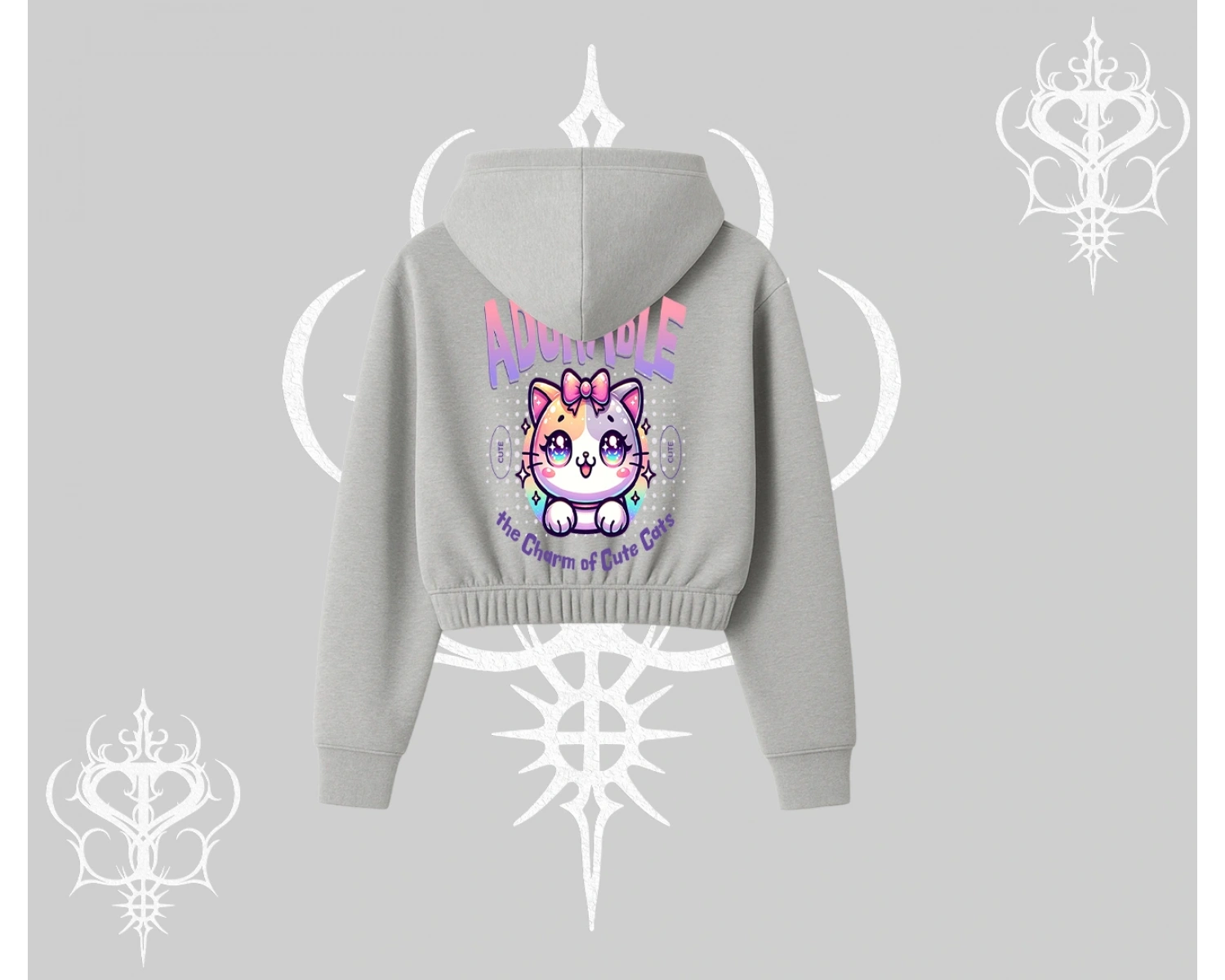 Adorable Kawaii Kedi Arka Baskılı Kapşonlu Crop Sweatshirt