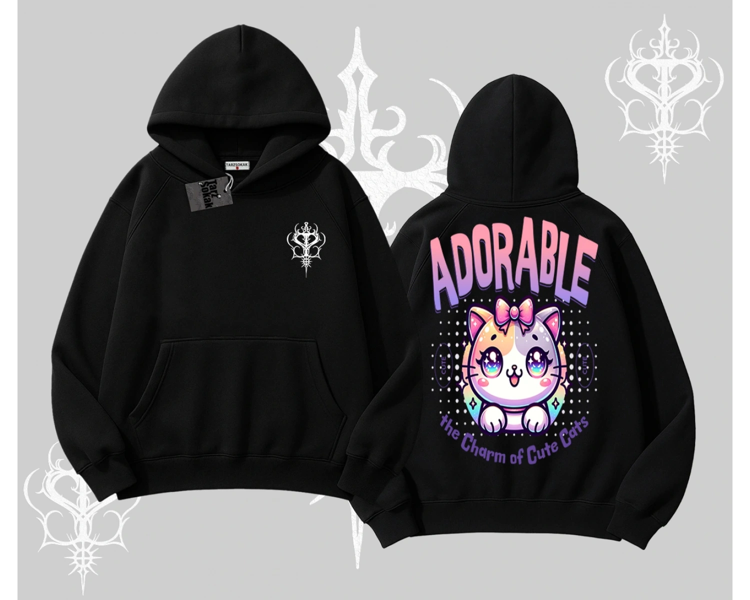 Adorable Kawaii Kedi Arka Baskılı Kapşonlu Sweatshirt