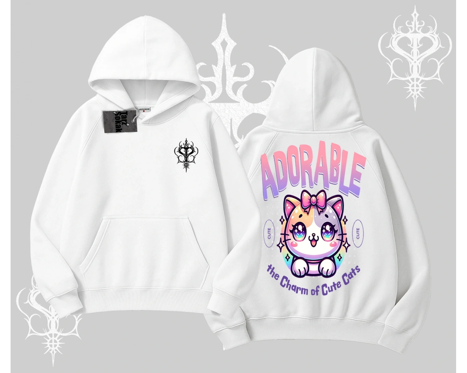 Adorable Kawaii Kedi Arka Baskılı Kapşonlu Sweatshirt