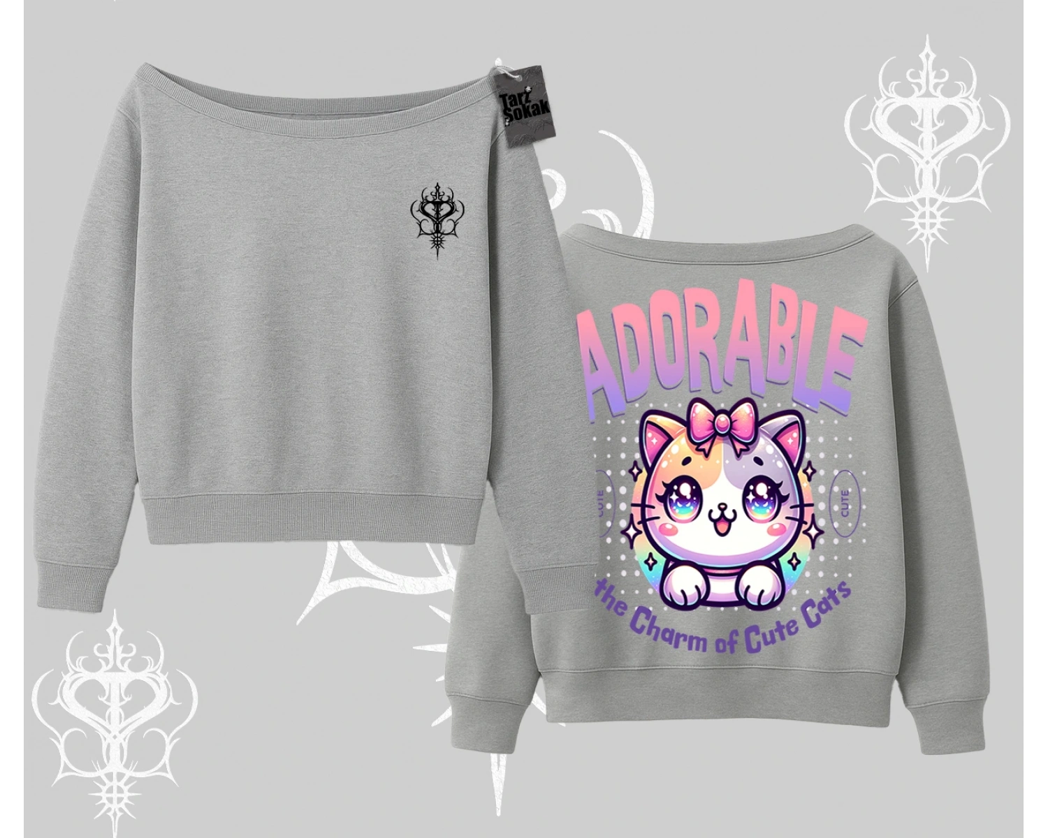 Adorable Kawaii Kedi Arka Baskılı Kayık Yaka Sweatshirt