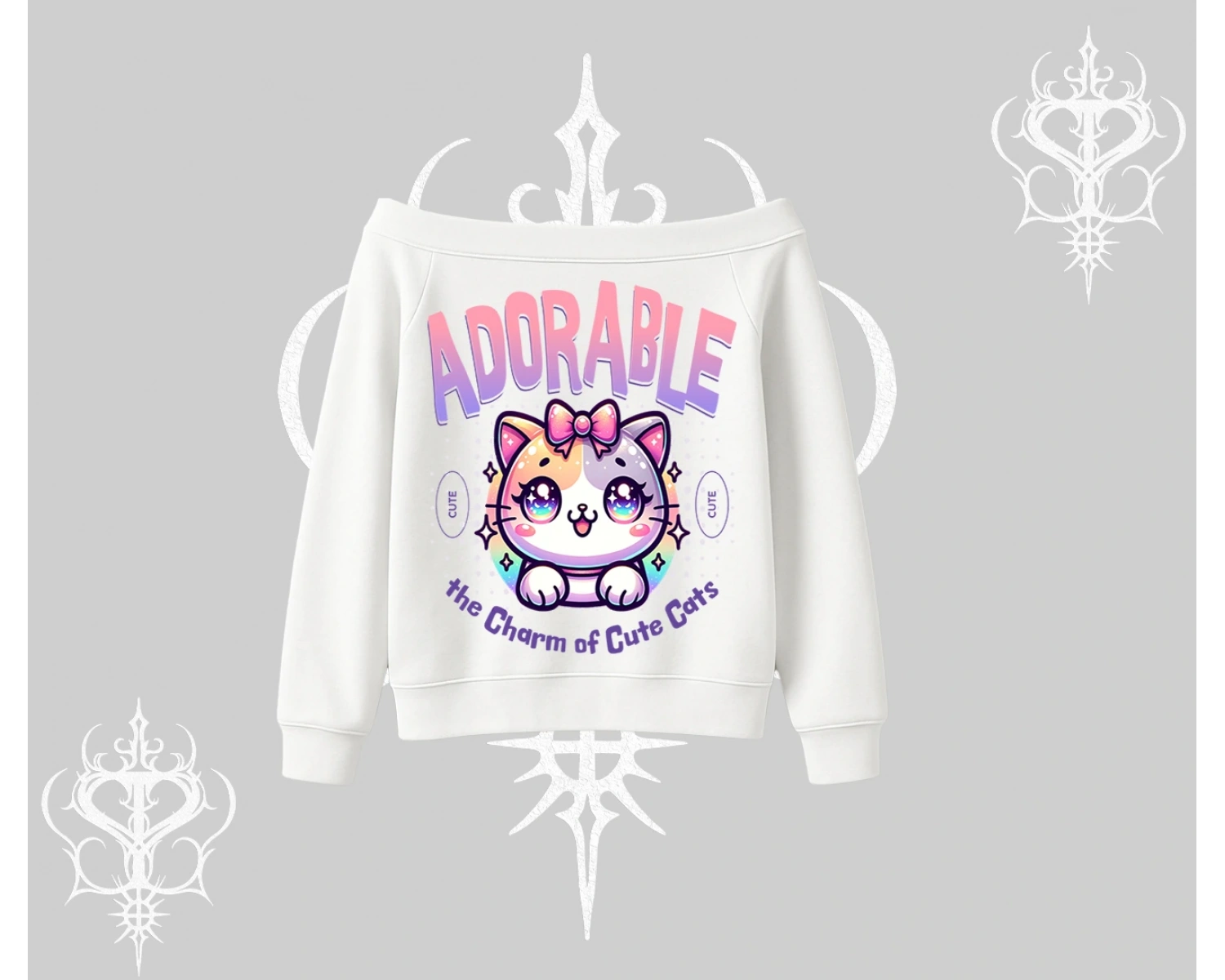 Adorable Kawaii Kedi Arka Baskılı Kayık Yaka Sweatshirt