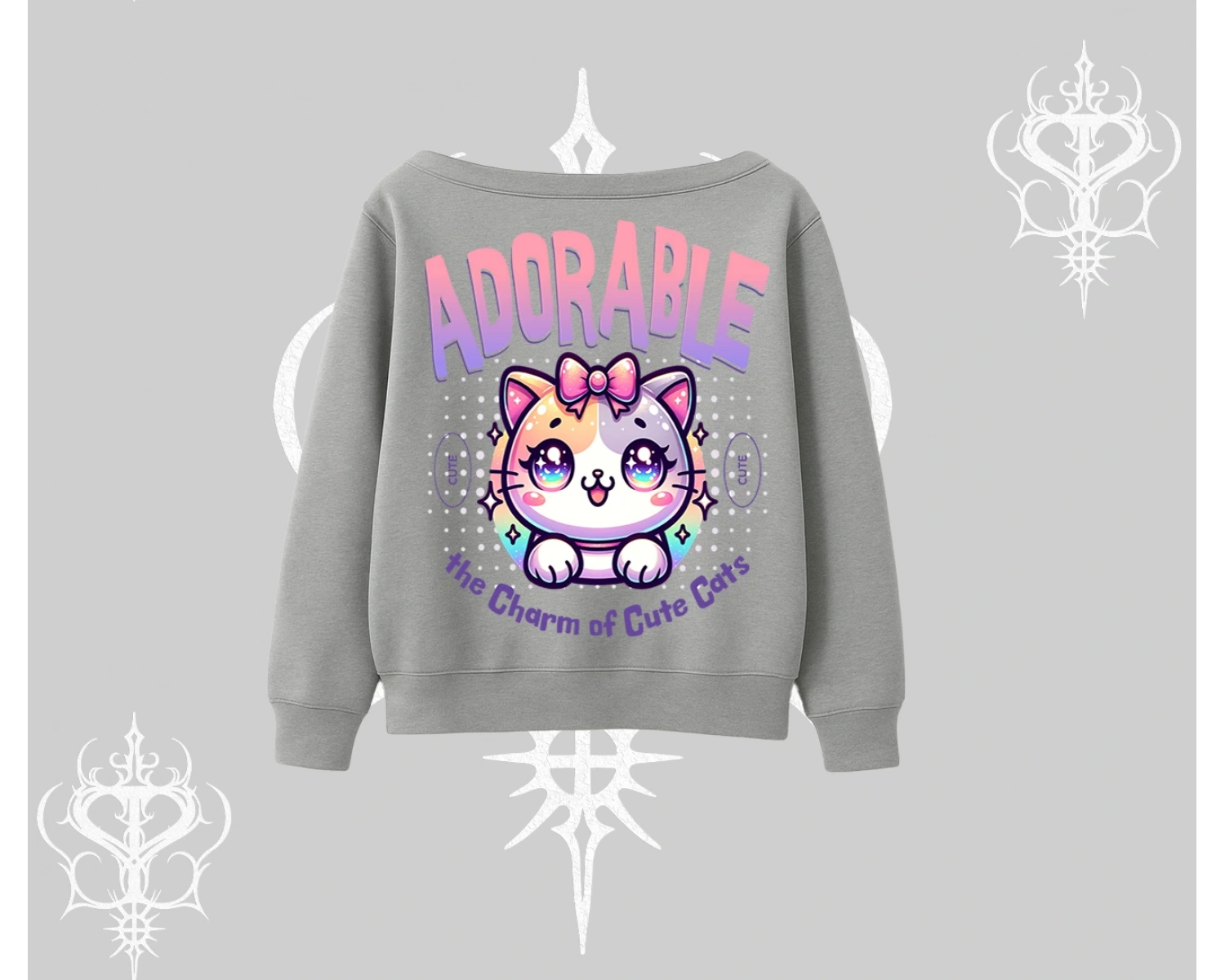 Adorable Kawaii Kedi Arka Baskılı Kayık Yaka Sweatshirt