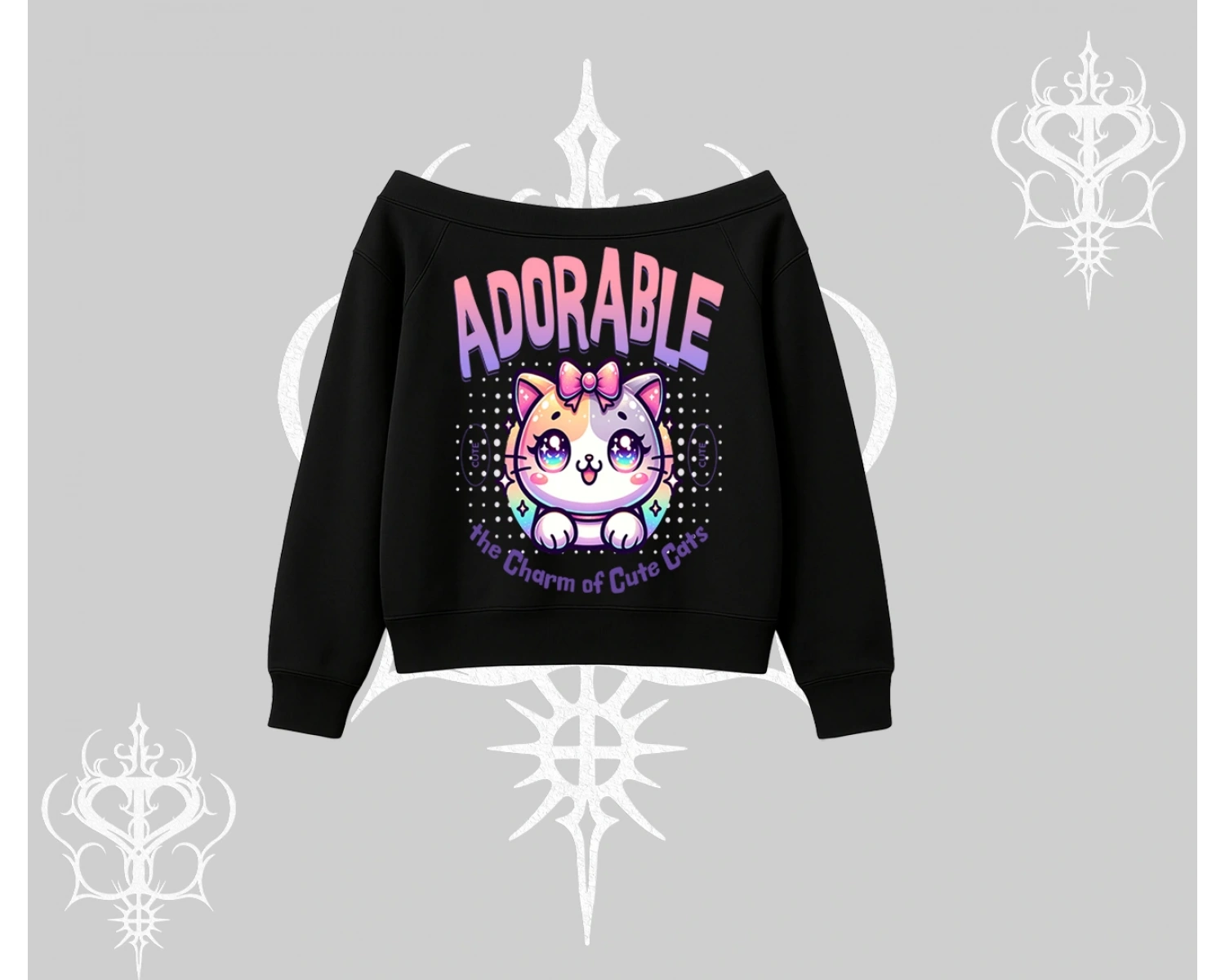 Adorable Kawaii Kedi Arka Baskılı Kayık Yaka Sweatshirt
