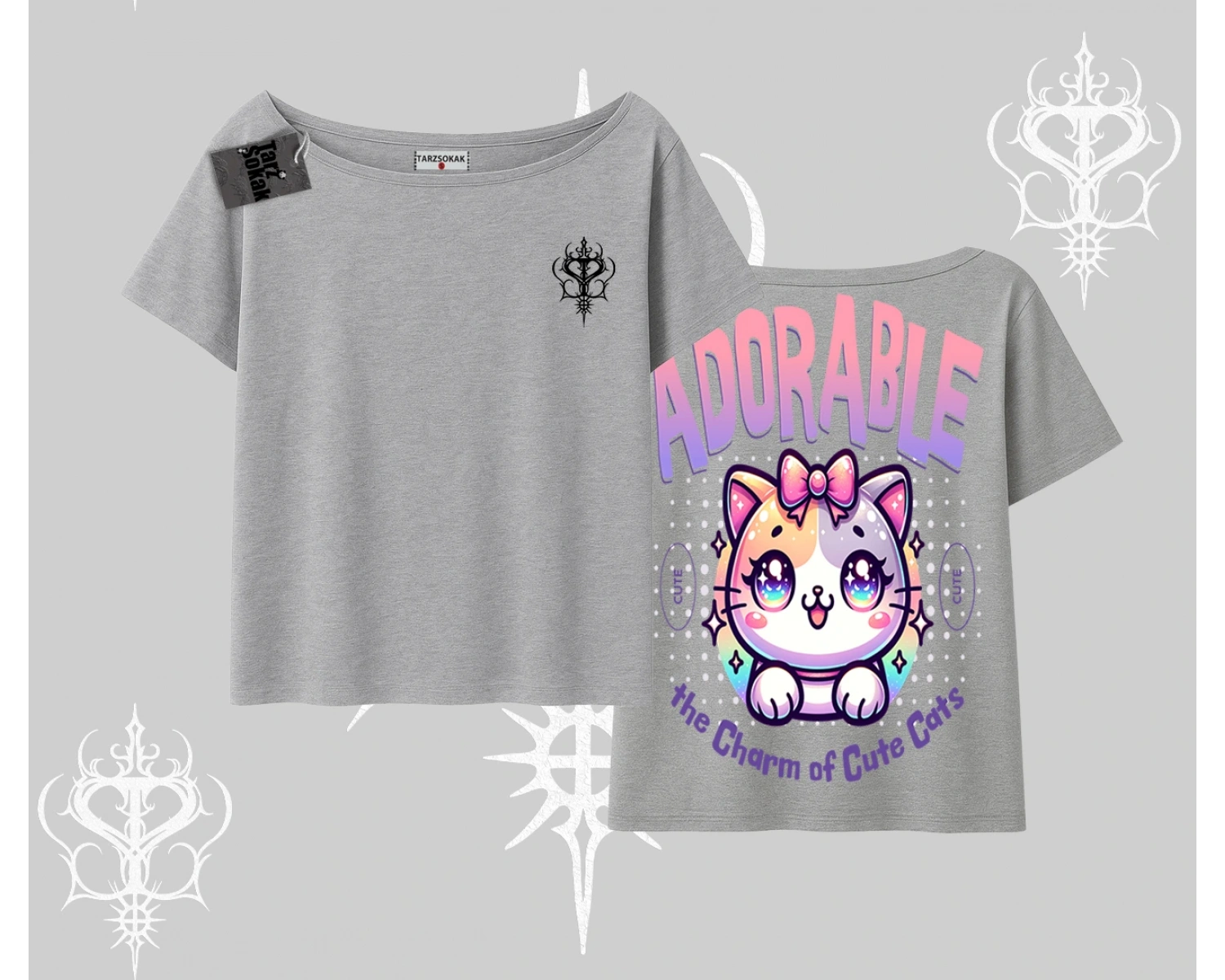 Adorable Kawaii Kedi Arka Baskılı Kayık Yaka Tshirt