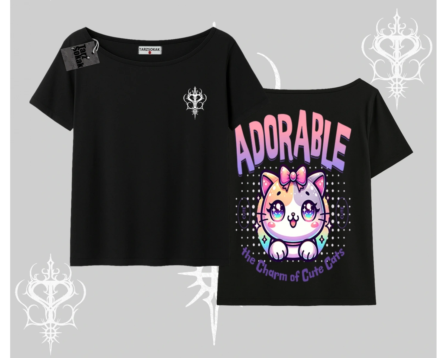 Adorable Kawaii Kedi Arka Baskılı Kayık Yaka Tshirt