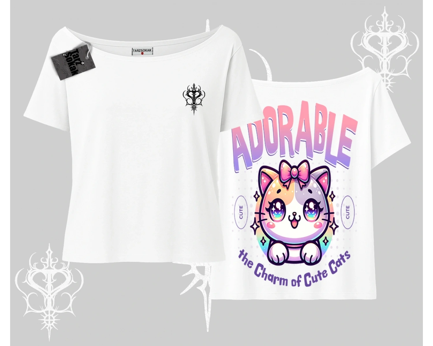 Adorable Kawaii Kedi Arka Baskılı Kayık Yaka Tshirt