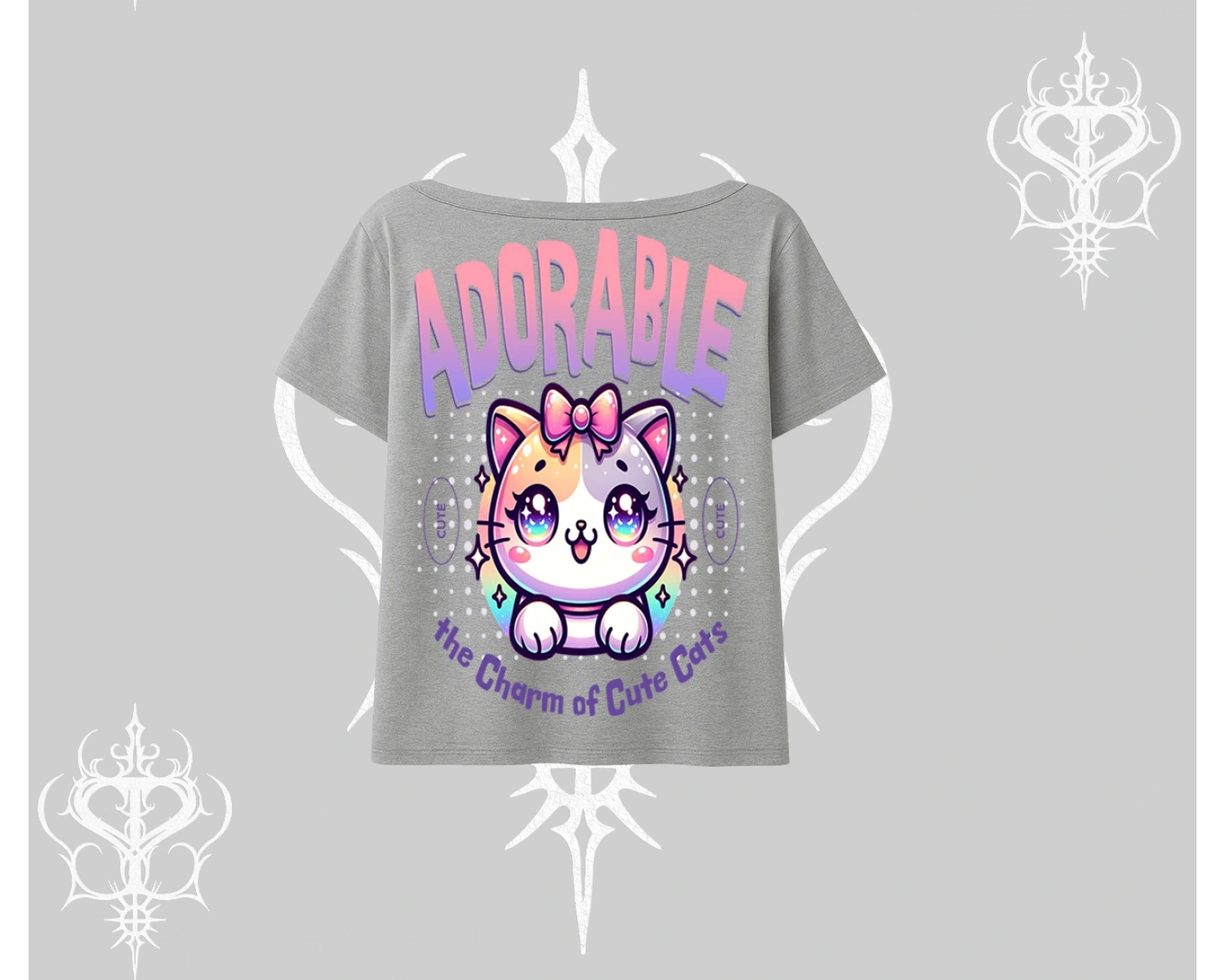 Adorable Kawaii Kedi Arka Baskılı Kayık Yaka Tshirt