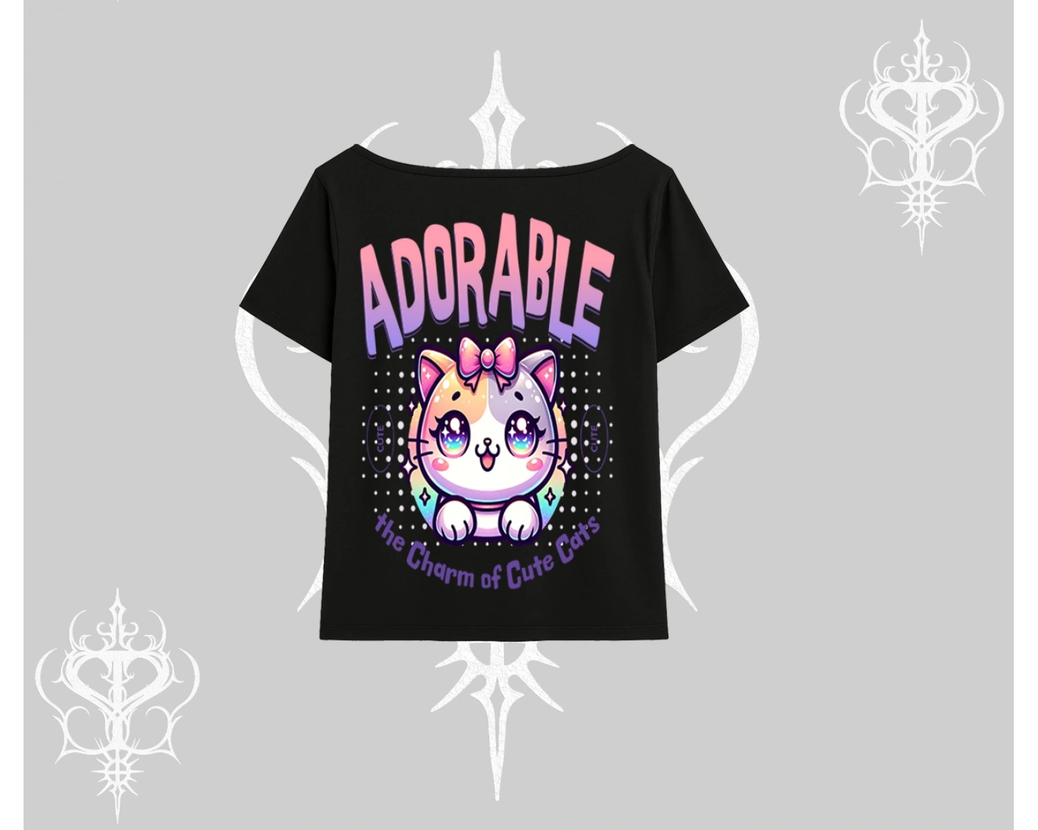 Adorable Kawaii Kedi Arka Baskılı Kayık Yaka Tshirt